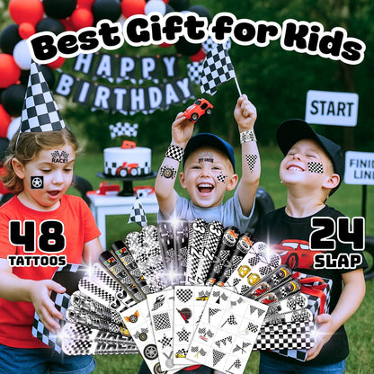 72-Piece Checkered Flag Party Set: 48 Temporary Tattoos & 24 Slap Bracelets – Racing-Themed Birthday Supplies, Baby Shower Gifts, Classroom Rewards & Party Decor