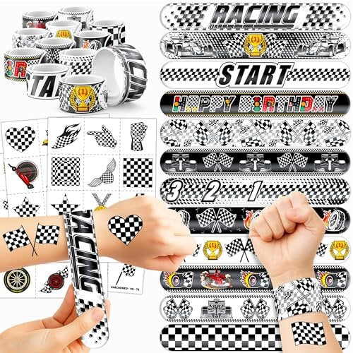 72-Piece Checkered Flag Party Set: 48 Temporary Tattoos & 24 Slap Bracelets – Racing-Themed Birthday Supplies, Baby Shower Gifts, Classroom Rewards & Party Decor - görsel 2