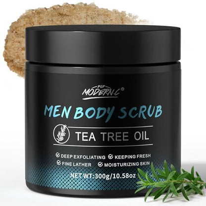 Men Body Scrub with Tea Tree Oil – Exfoliating Body Scrub for Men, Improves Odor, Smooths Rough Skin, Body Exfoliator for Back, Chest, Shoulders, Butt, Legs, Mens Exfoliating Body Wash with 2% BHA & 10% AHA (13.5 Fl Oz) Avelisse