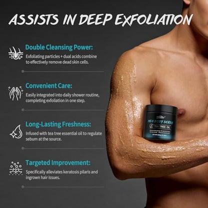 Men Body Scrub with Tea Tree Oil – Exfoliating Body Scrub for Men, Improves Odor, Smooths Rough Skin, Body Exfoliator for Back, Chest, Shoulders, Butt, Legs, Mens Exfoliating Body Wash with 2% BHA & 10% AHA (13.5 Fl Oz) Avelisse