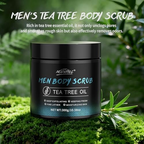 Men Body Scrub with Tea Tree Oil – Exfoliating Body Scrub for Men, Improves Odor, Smooths Rough Skin, Body Exfoliator for Back, Chest, Shoulders, Butt, Legs, Mens Exfoliating Body Wash with 2% BHA & 10% AHA (13.5 Fl Oz) Avelisse