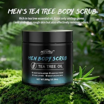 Men Body Scrub with Tea Tree Oil – Exfoliating Body Scrub for Men, Improves Odor, Smooths Rough Skin, Body Exfoliator for Back, Chest, Shoulders, Butt, Legs, Mens Exfoliating Body Wash with 2% BHA & 10% AHA (13.5 Fl Oz) Avelisse