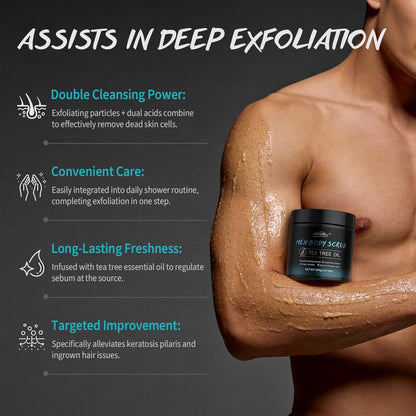Men Body Scrub with Tea Tree Oil – Exfoliating Body Scrub for Men, Improves Odor, Smooths Rough Skin, Body Exfoliator for Back, Chest, Shoulders, Butt, Legs, Mens Exfoliating Body Wash with 2% BHA & 10% AHA (13.5 Fl Oz) Avelisse
