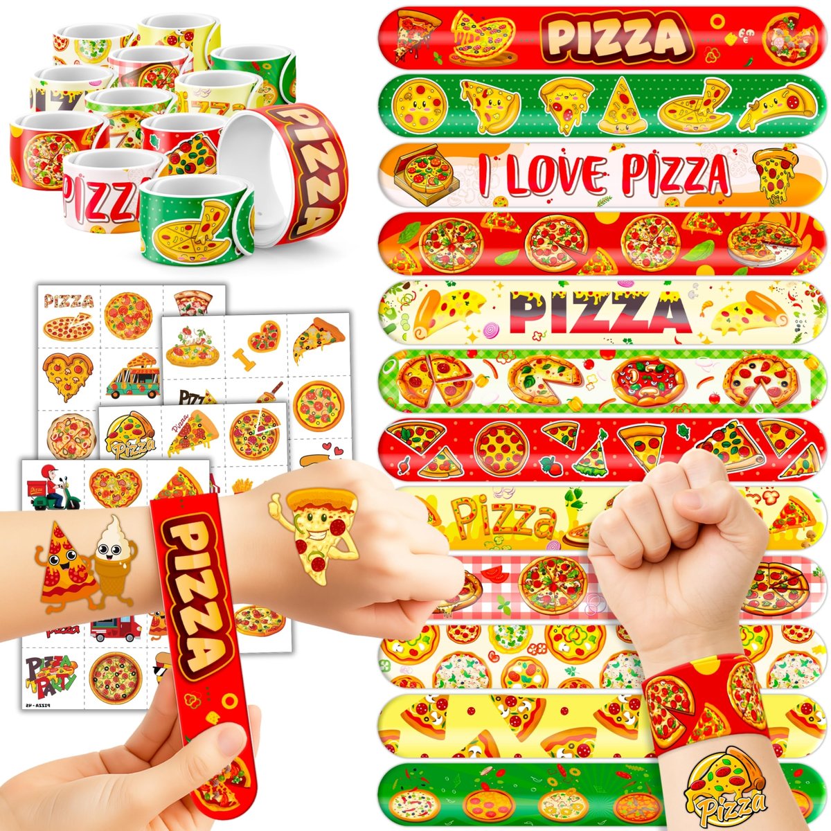 72-Piece Pizza Party Set: 48 Temporary Tattoos & 24 Slap Bracelets – Fun Food-Themed Birthday Supplies, Baby Shower Gifts, Classroom Rewards for Kids - görsel 1