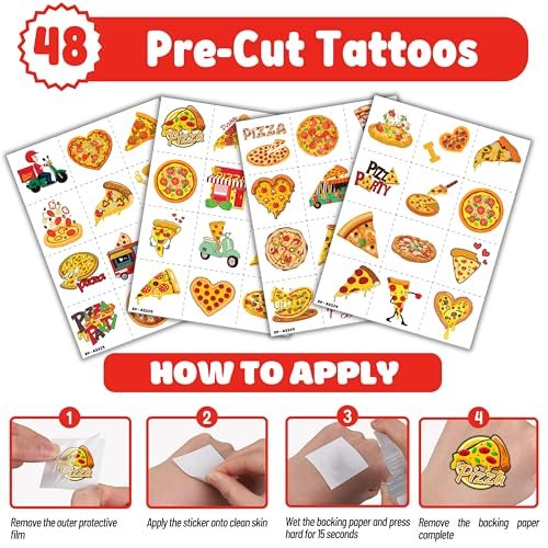 72-Piece Pizza Party Set: 48 Temporary Tattoos & 24 Slap Bracelets – Fun Food-Themed Birthday Supplies, Baby Shower Gifts, Classroom Rewards for Kids - görsel 10