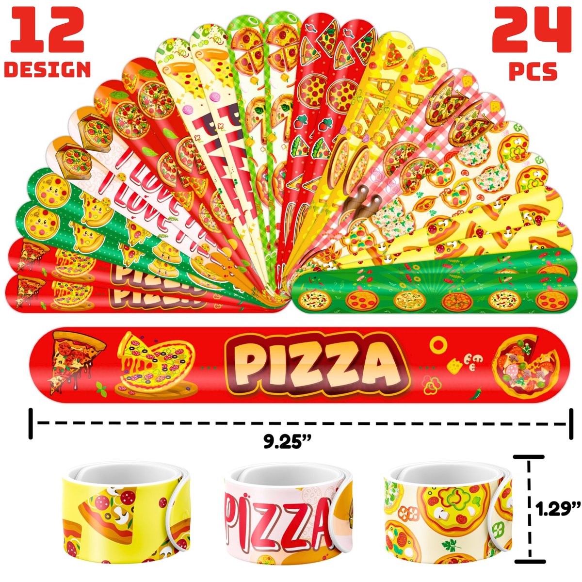 72-Piece Pizza Party Set: 48 Temporary Tattoos & 24 Slap Bracelets – Fun Food-Themed Birthday Supplies, Baby Shower Gifts, Classroom Rewards for Kids - görsel 5