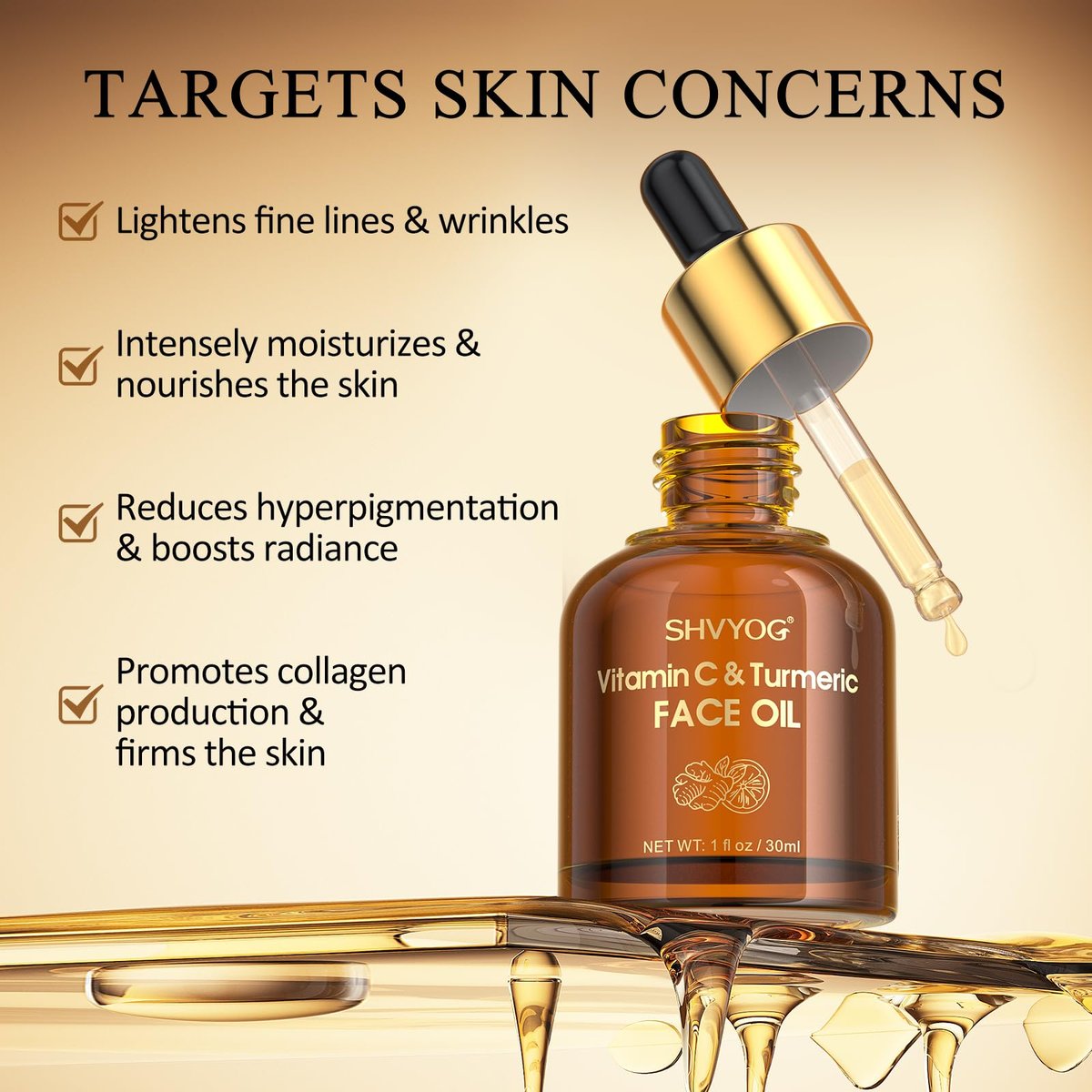 SHVYOG Vitamin C Turmeric Face Oil – Moisturizing, Firming Oil for Dry Skin, Wrinkles & Uneven Tone, 1 Fl Oz Avelisse