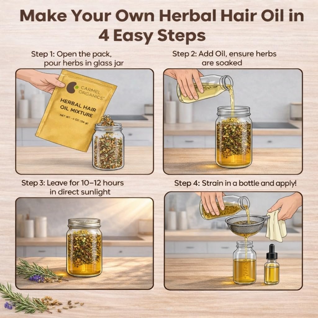 CARMEL ORGANICS Herbal Hair Oil Mix | 21 Herbs for Hair Growth | DIY Oil Infusion | Bhringraj, Fenugreek, Rosemary, Hibiscus | No Preservatives, Non-GMO | 4 oz - görsel 7