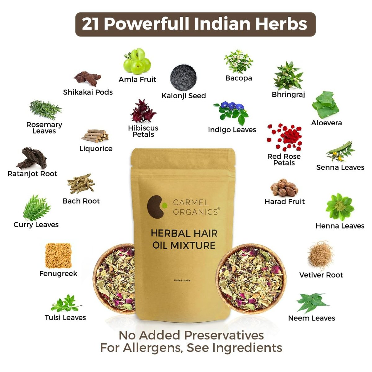 CARMEL ORGANICS Herbal Hair Oil Mix | 21 Herbs for Hair Growth | DIY Oil Infusion | Bhringraj, Fenugreek, Rosemary, Hibiscus | No Preservatives, Non-GMO | 4 oz - görsel 5