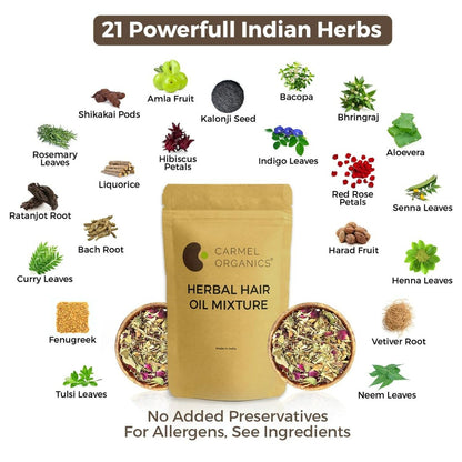 CARMEL ORGANICS Herbal Hair Oil Mix | 21 Herbs for Hair Growth | DIY Oil Infusion | Bhringraj, Fenugreek, Rosemary, Hibiscus | No Preservatives, Non-GMO | 4 oz