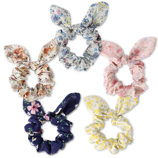 5 Bunny Ear Scrunchies for Women – Cute Chiffon Hair Ties, Colorful Ponytail Holders for Thick Hair (Pack of 5)