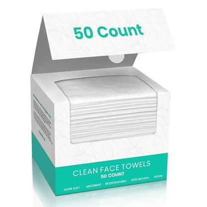 ONLYCARE Disposable Face Towel - Biodegradable Cotton Facial Towels, Super Thick Soft Towelettes for Sensitive Skin, Makeup Remover Dry Wipes, 10x12 Inch, 50 Count (1 Pack)