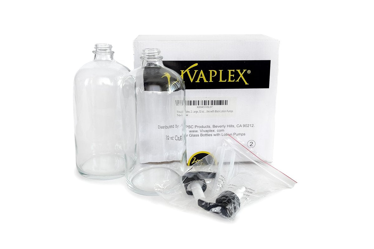 Vivaplex 32 oz Clear Glass Bottles with Black Lotion Pumps (2-Pack) - Large Empty Dispensers for Soap, Lotion, and More Avelisse