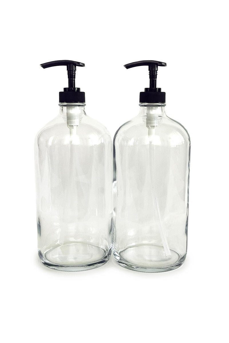 Vivaplex 32 oz Clear Glass Bottles with Black Lotion Pumps (2-Pack) - Large Empty Dispensers for Soap, Lotion, and More Avelisse