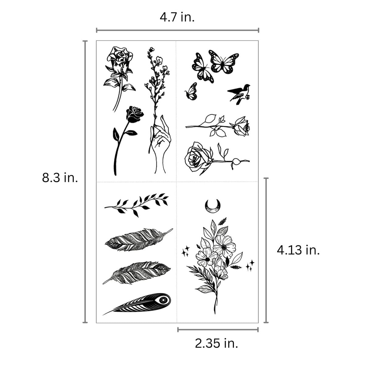 One Grace Mini Nature Temporary Tattoos - Realistic Long Lasting Waterproof Tiny Tattoos - Black and White Butterflies Bird Flower Rose Tree Branch Boho Small Tattoos for Women and Men Avelisse