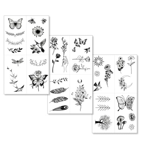 One Grace Mini Nature Temporary Tattoos - Realistic Long Lasting Waterproof Tiny Tattoos - Black and White Butterflies Bird Flower Rose Tree Branch Boho Small Tattoos for Women and Men Avelisse