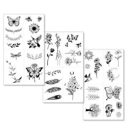 One Grace Mini Nature Temporary Tattoos - Realistic Long Lasting Waterproof Tiny Tattoos - Black and White Butterflies Bird Flower Rose Tree Branch Boho Small Tattoos for Women and Men Avelisse