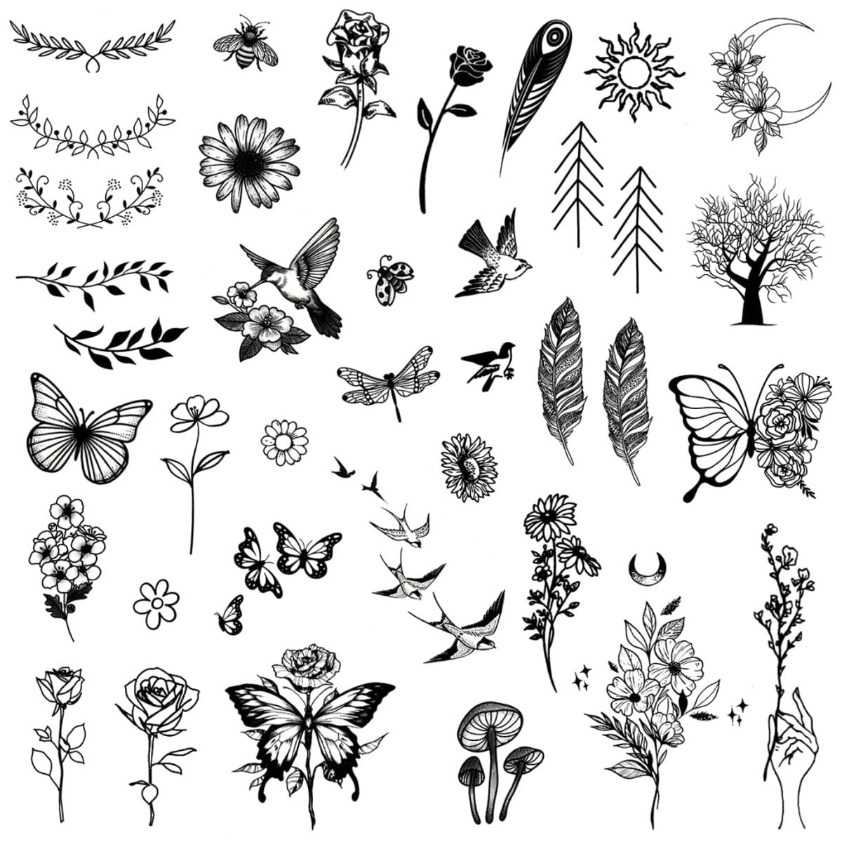 One Grace Mini Nature Temporary Tattoos - Realistic Long Lasting Waterproof Tiny Tattoos - Black and White Butterflies Bird Flower Rose Tree Branch Boho Small Tattoos for Women and Men Avelisse