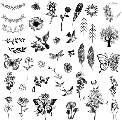 One Grace Mini Nature Temporary Tattoos - Realistic Long Lasting Waterproof Tiny Tattoos - Black and White Butterflies Bird Flower Rose Tree Branch Boho Small Tattoos for Women and Men Avelisse