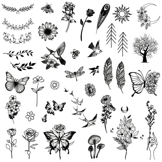 One Grace Mini Nature Temporary Tattoos - Realistic Long Lasting Waterproof Tiny Tattoos - Black and White Butterflies Bird Flower Rose Tree Branch Boho Small Tattoos for Women and Men Avelisse
