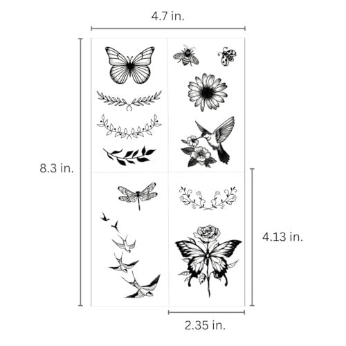 One Grace Mini Nature Temporary Tattoos - Realistic Long Lasting Waterproof Tiny Tattoos - Black and White Butterflies Bird Flower Rose Tree Branch Boho Small Tattoos for Women and Men Avelisse