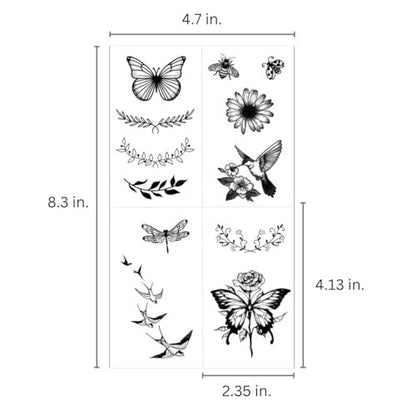 One Grace Mini Nature Temporary Tattoos - Realistic Long Lasting Waterproof Tiny Tattoos - Black and White Butterflies Bird Flower Rose Tree Branch Boho Small Tattoos for Women and Men Avelisse