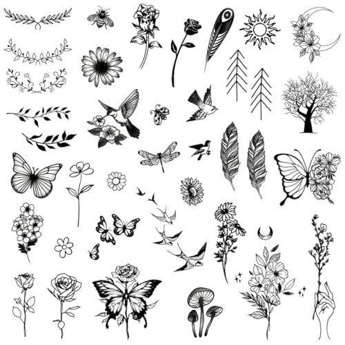 One Grace Mini Nature Temporary Tattoos - Realistic Long Lasting Waterproof Tiny Tattoos - Black and White Butterflies Bird Flower Rose Tree Branch Boho Small Tattoos for Women and Men Avelisse