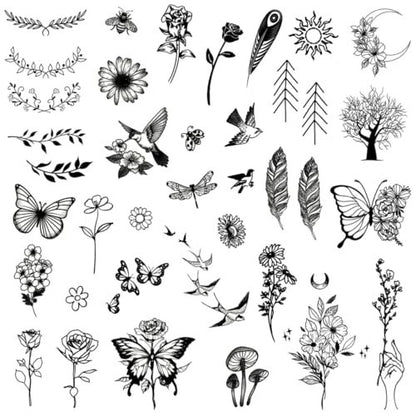 One Grace Mini Nature Temporary Tattoos - Realistic Long Lasting Waterproof Tiny Tattoos - Black and White Butterflies Bird Flower Rose Tree Branch Boho Small Tattoos for Women and Men Avelisse