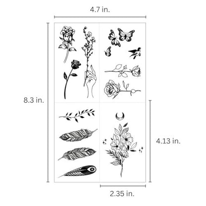 One Grace Mini Nature Temporary Tattoos - Realistic Long Lasting Waterproof Tiny Tattoos - Black and White Butterflies Bird Flower Rose Tree Branch Boho Small Tattoos for Women and Men Avelisse