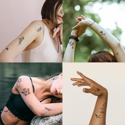 One Grace Mini Nature Temporary Tattoos - Realistic Long Lasting Waterproof Tiny Tattoos - Black and White Butterflies Bird Flower Rose Tree Branch Boho Small Tattoos for Women and Men Avelisse