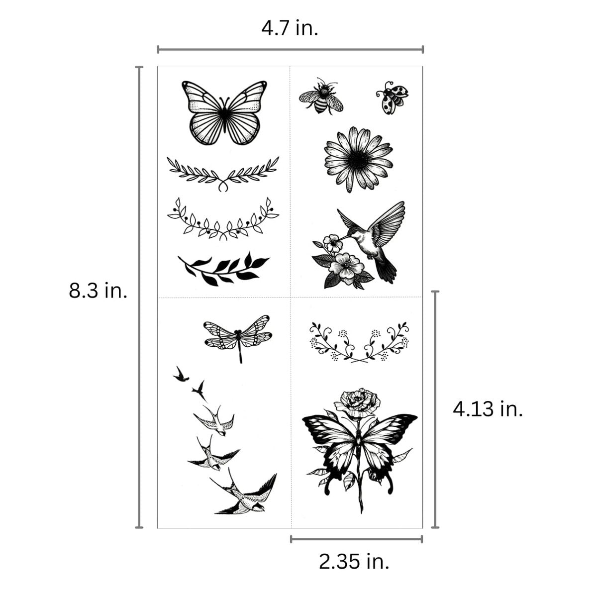 One Grace Mini Nature Temporary Tattoos - Realistic Long Lasting Waterproof Tiny Tattoos - Black and White Butterflies Bird Flower Rose Tree Branch Boho Small Tattoos for Women and Men Avelisse