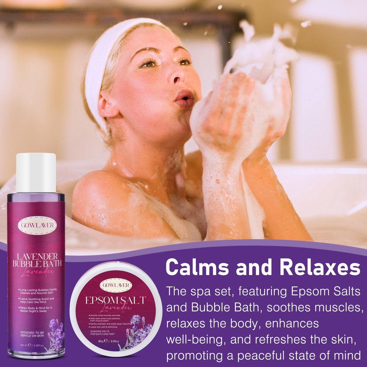 GOWLAVER Purple Spa Gift Basket for Women - Relaxation Stress Relief Self Care Kit Avelisse