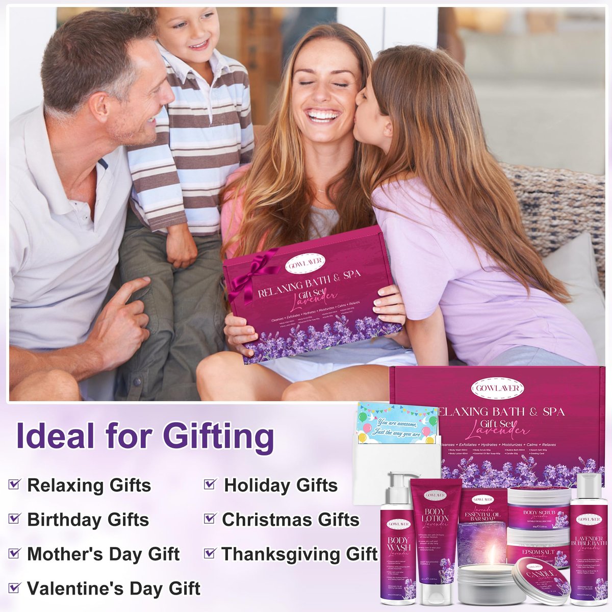 GOWLAVER Purple Spa Gift Basket for Women - Relaxation Stress Relief Self Care Kit Avelisse