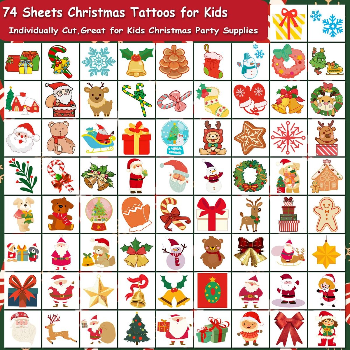 CHARLENT Christmas Temporary Tattoos for Kids - 74 Individual Sheets for Xmas Party Favors, Stocking Stuffers, and Holiday Fun - görsel 3