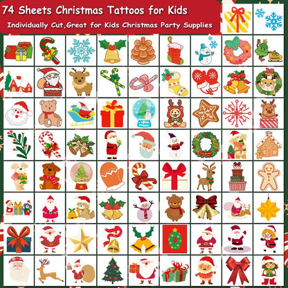 CHARLENT Christmas Temporary Tattoos for Kids - 74 Individual Sheets for Xmas Party Favors, Stocking Stuffers, and Holiday Fun