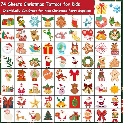 CHARLENT Christmas Temporary Tattoos for Kids - 74 Individual Sheets for Xmas Party Favors, Stocking Stuffers, and Holiday Fun - görsel 4