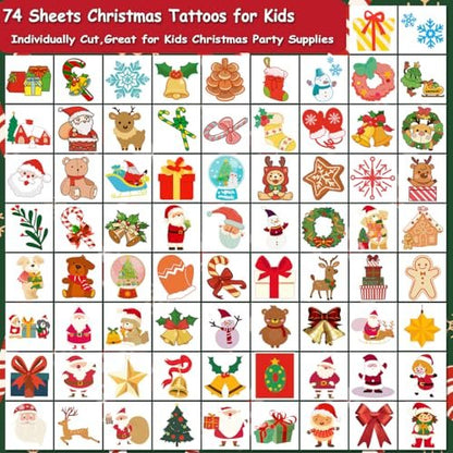 CHARLENT Christmas Temporary Tattoos for Kids - 74 Individual Sheets for Xmas Party Favors, Stocking Stuffers, and Holiday Fun