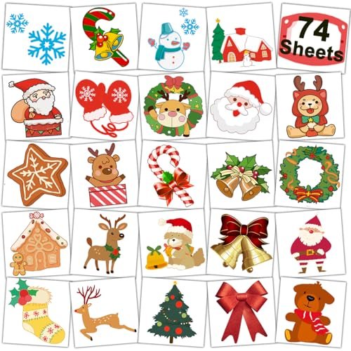 CHARLENT Christmas Temporary Tattoos for Kids - 74 Individual Sheets for Xmas Party Favors, Stocking Stuffers, and Holiday Fun - görsel 2