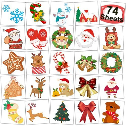 CHARLENT Christmas Temporary Tattoos for Kids - 74 Individual Sheets for Xmas Party Favors, Stocking Stuffers, and Holiday Fun