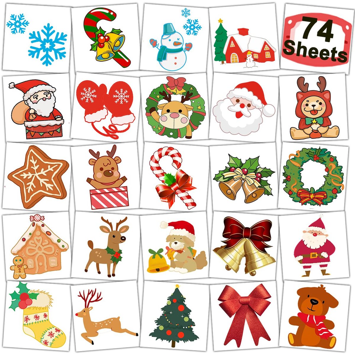 CHARLENT Christmas Temporary Tattoos for Kids - 74 Individual Sheets for Xmas Party Favors, Stocking Stuffers, and Holiday Fun - görsel 1