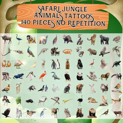 Fancy Land 140Pcs Safari Temporary Tattoos for Kids – Jungle Animal Individual Tattoos for Wild Theme Birthday Party Decorations, Favors, Baby Shower Supplies, Goodie Bag Stuffers