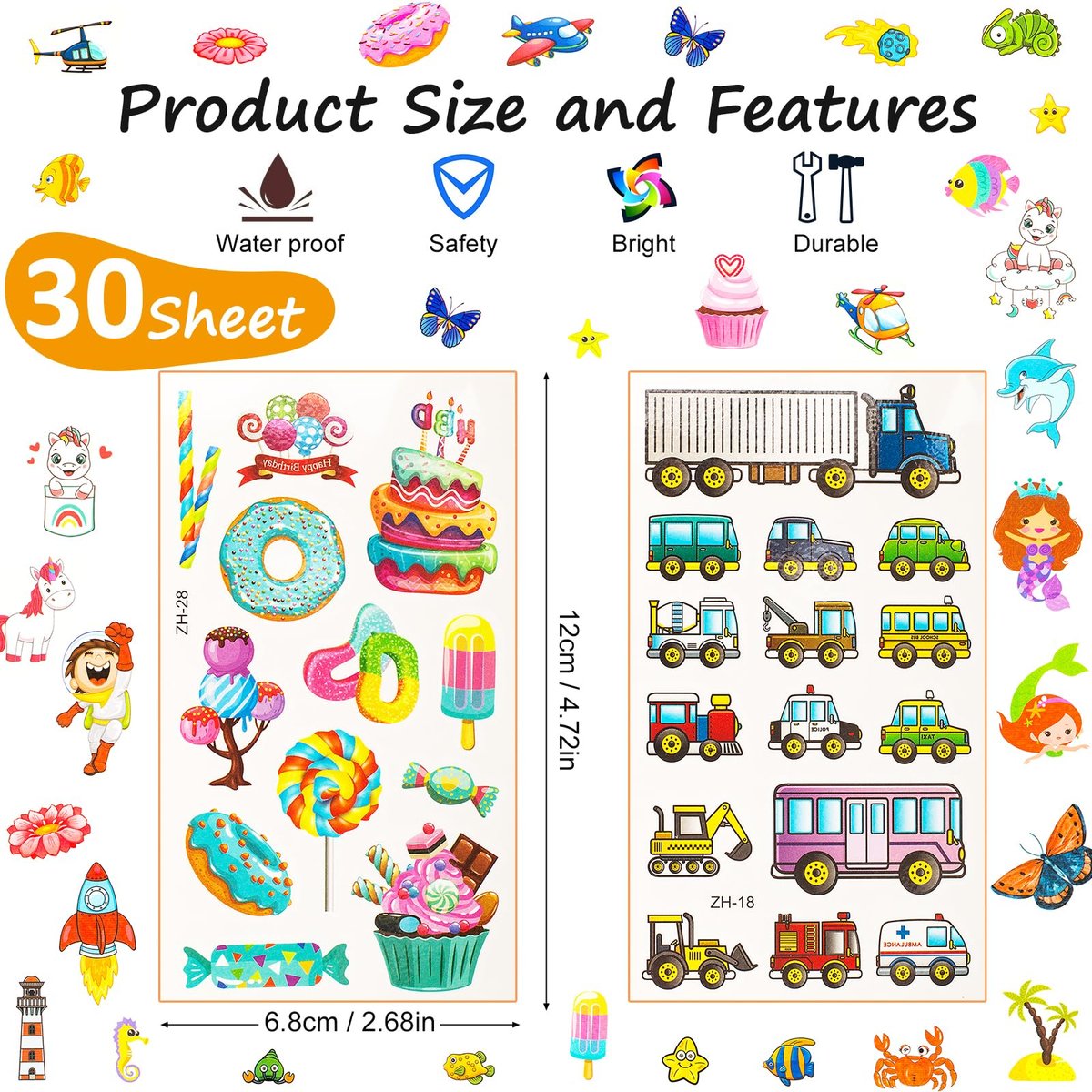 Habett 300+ Mixed Styles Temporary Tattoos for Kids - Space, Dinosaur, Animals, Butterfly, Fish Stickers Set for Birthday Party Favors - görsel 11