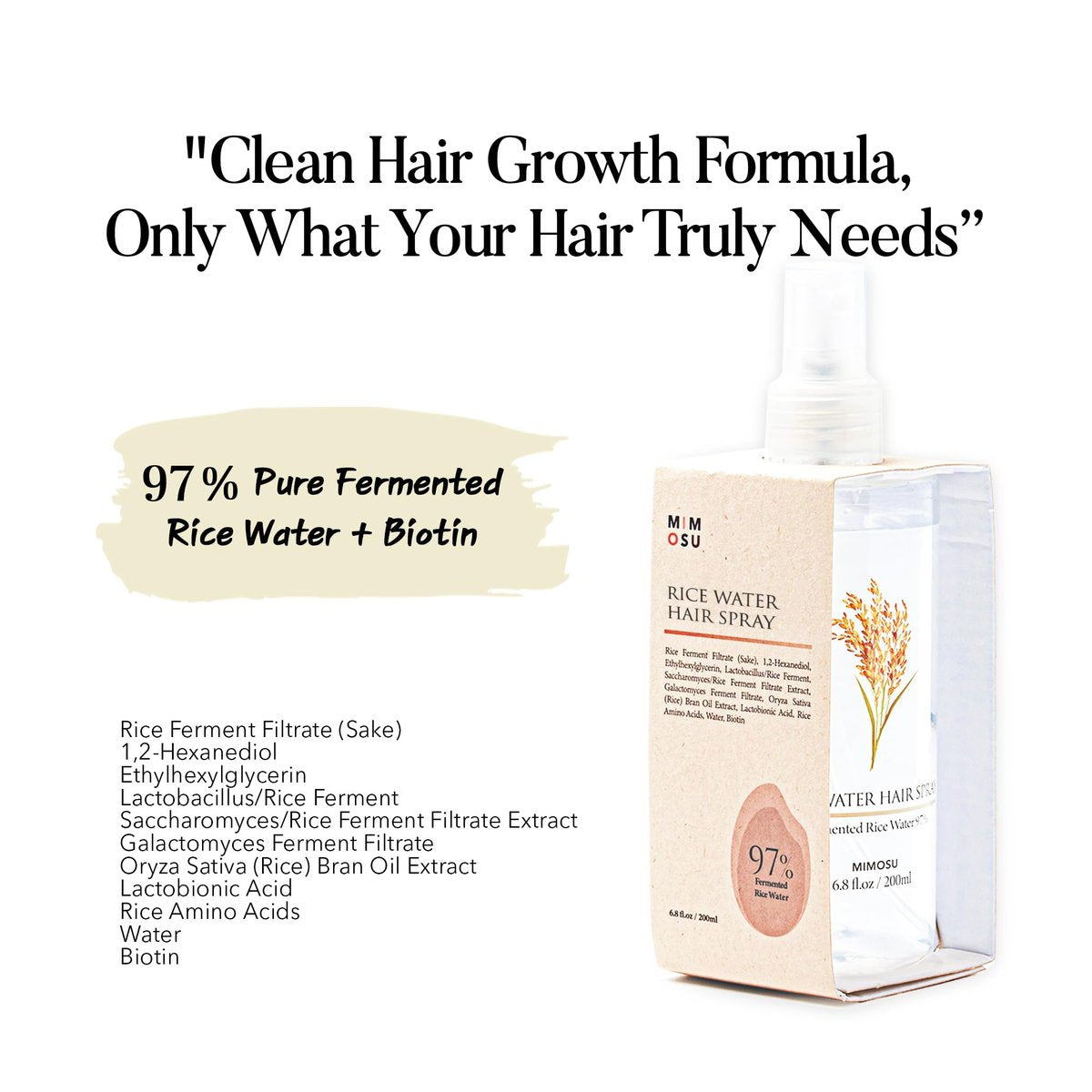 mimosu 97% Rice Water Hair Growth Spray - Fermented Rice Water & Biotin Serum with PHA Toner, Korean Hair Care Formula, 6.8 fl oz Avelisse