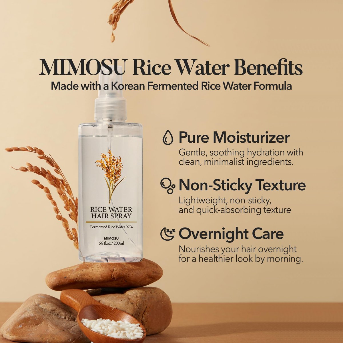 mimosu 97% Rice Water Hair Growth Spray - Fermented Rice Water & Biotin Serum with PHA Toner, Korean Hair Care Formula, 6.8 fl oz Avelisse