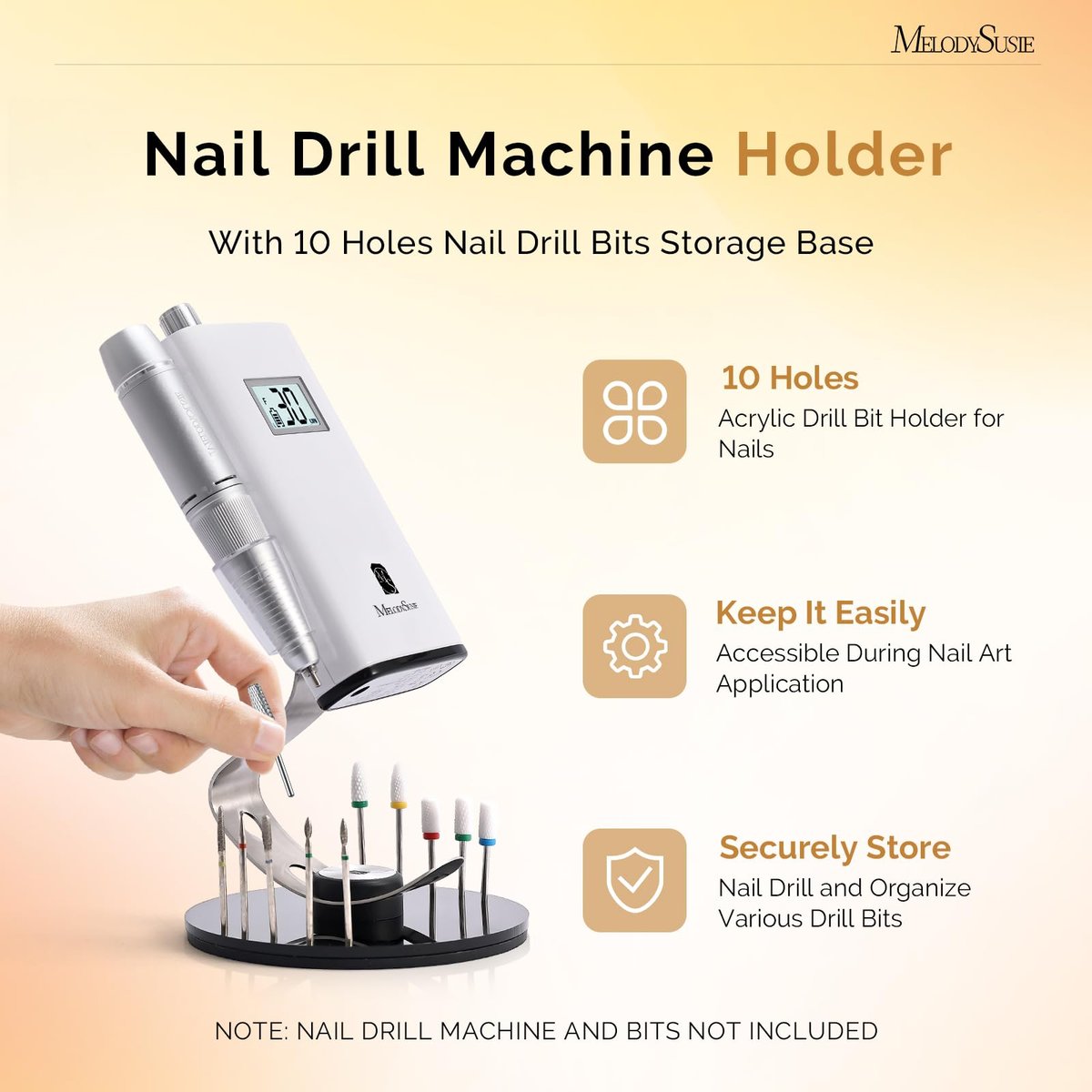 MelodySusie Clip-On Nail Drill Holder with 10 Drill Bit Slots – Acrylic Base Stand for Clip-On Electric Nail Files, Compatible with SC300F, SC320H, SC320F, SC320D, SC330G, SM330G, SC320C, MM400D, MB420G (Dark Grey) Avelisse