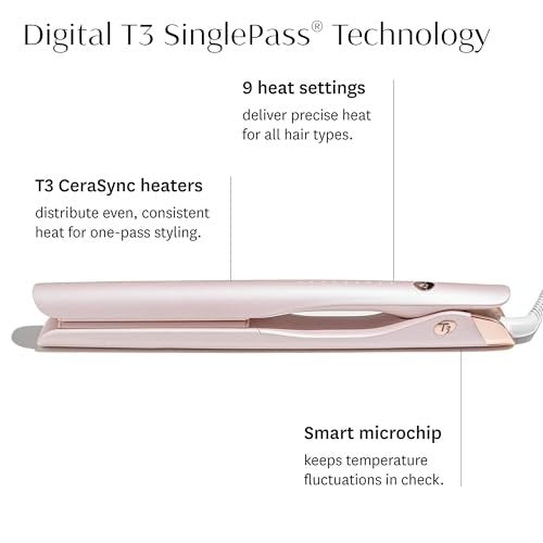 T3 SinglePass Smooth X Professional Flat Iron - Extra-Long Ceramic Plates, 9 Heat Settings, Satin Blush Avelisse