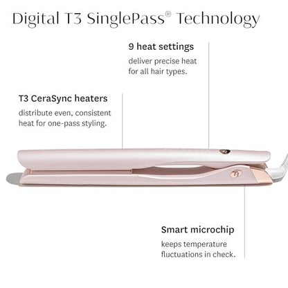 T3 SinglePass Smooth X Professional Flat Iron - Extra-Long Ceramic Plates, 9 Heat Settings, Satin Blush Avelisse