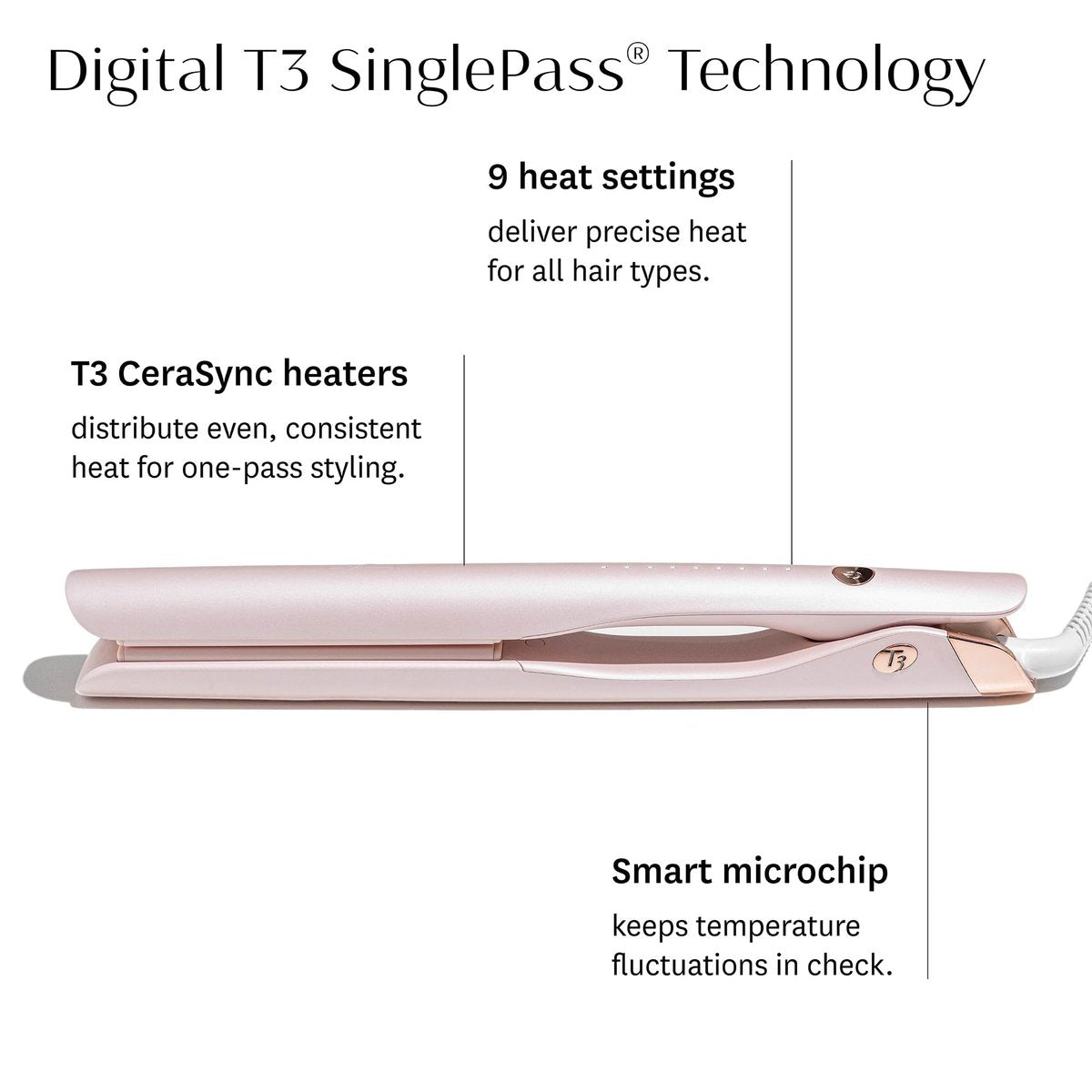 T3 SinglePass Smooth X Professional Flat Iron - Extra-Long Ceramic Plates, 9 Heat Settings, Satin Blush Avelisse