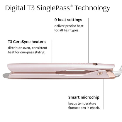 T3 SinglePass Smooth X Professional Flat Iron - Extra-Long Ceramic Plates, 9 Heat Settings, Satin Blush Avelisse