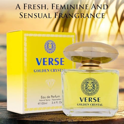 Verse Golden Crystal for Women - Floral Fruity Eau de Parfum, 3.4 fl oz (100ml) - Top Notes of Amalfi Lemon, Bergamot & Neroli - Base Notes of Guaiac Wood, Amber & Musk - Paraben-Free Elegant Fragrance Avelisse